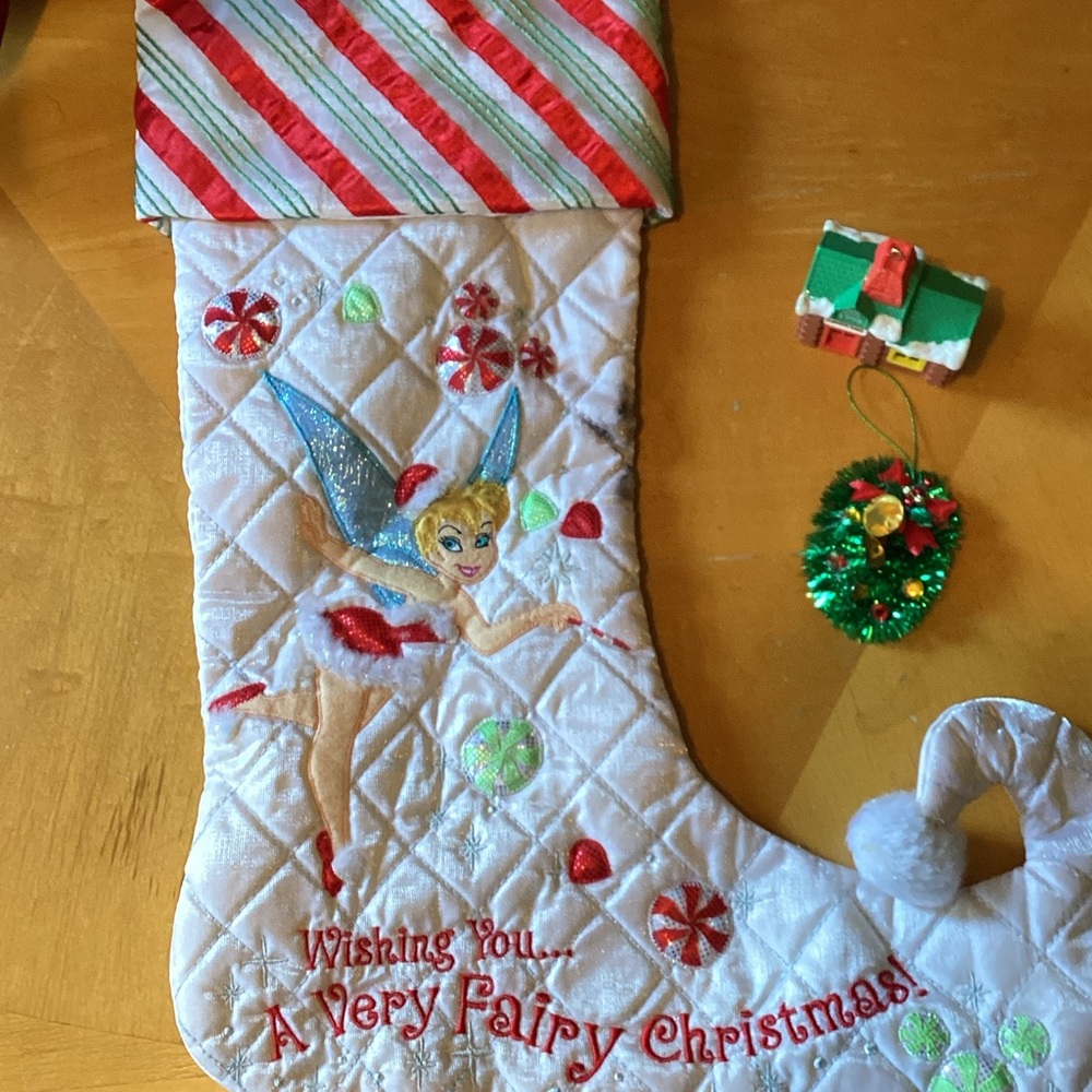 Disney Tinker Bell Holiday Stocking - White, Red, and Green vintage